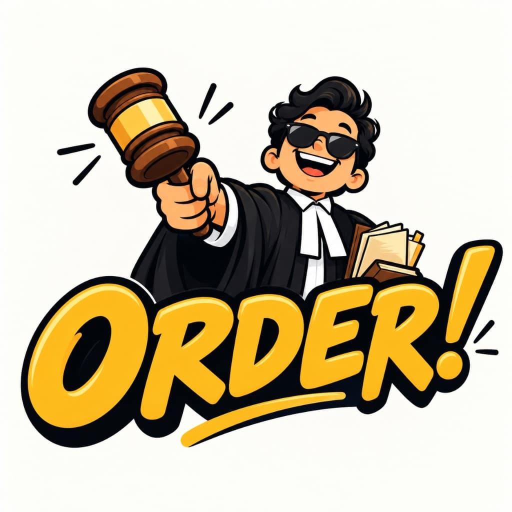 Cartoon advocate in a black gown and sunglasses, holding a gavel, above the gold ORDER! wordmark