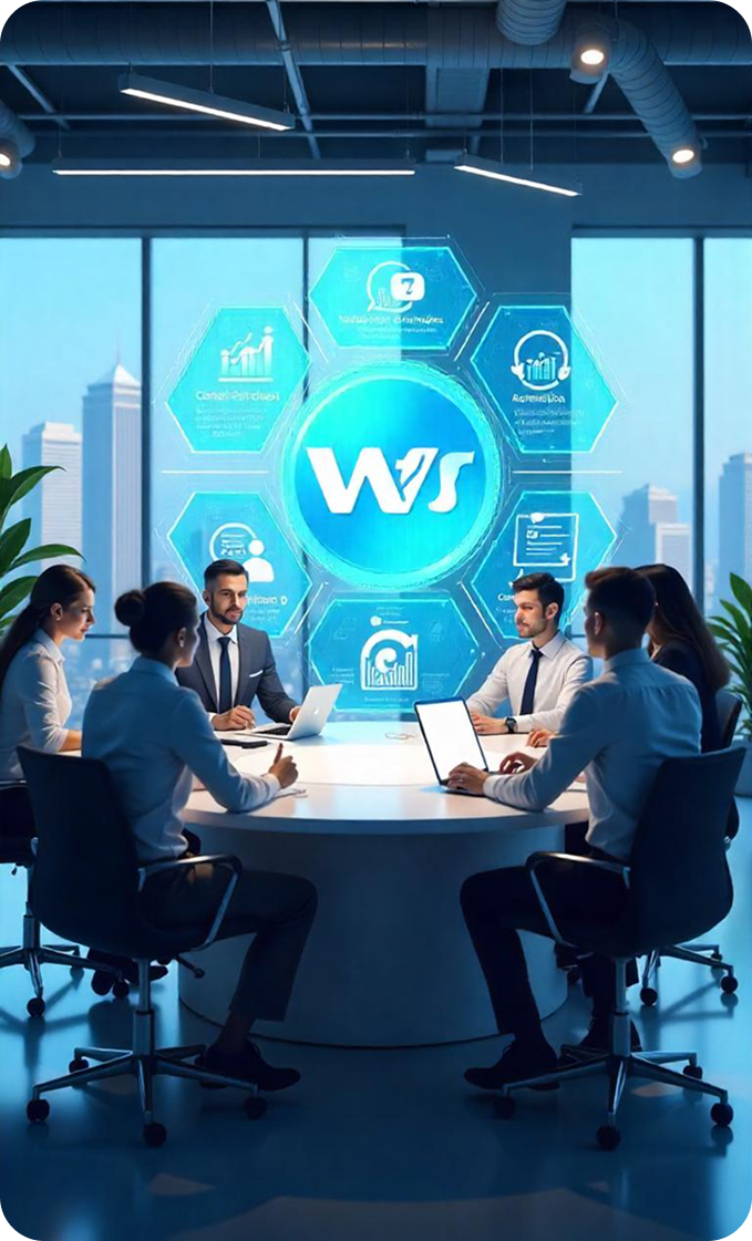 People around a conference table with digital overlays